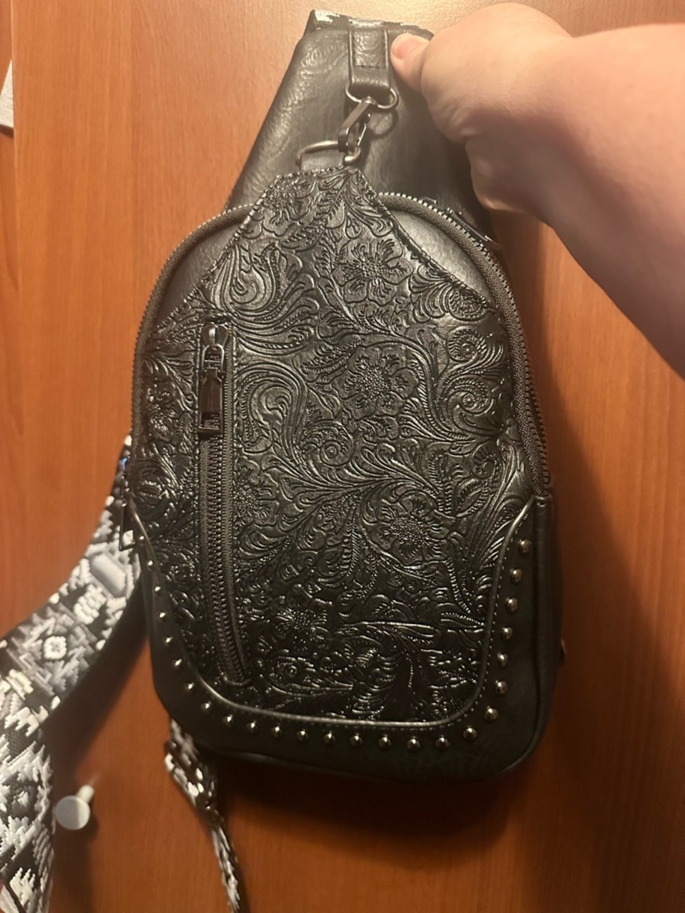 Embossed Floral Black vegan Leather Crossbody Sling Bag